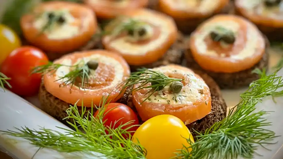 Salmon pinrolls displayed on a platter at a social event catering