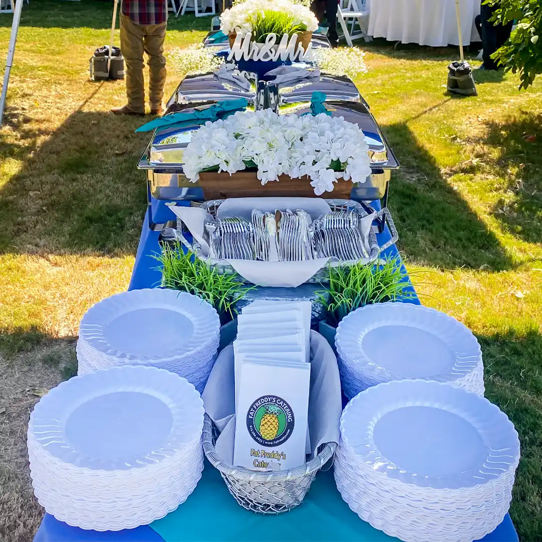 peoria wedding catering buffet set up with blue linens