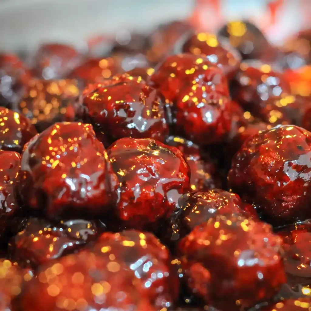 close up of raspberry chipotle meatballs