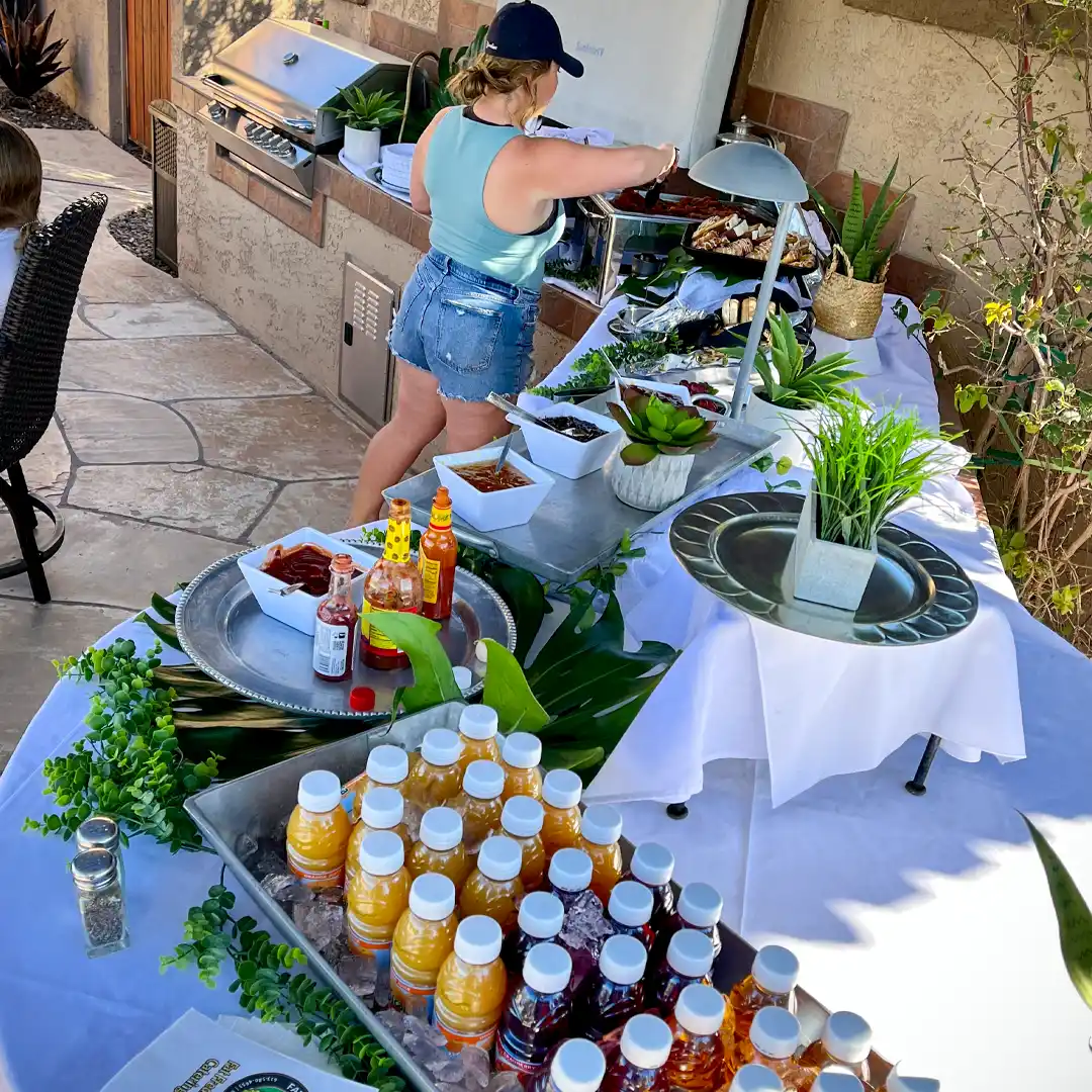 tempe breakfast catering buffet on an outdoor grill with white linens